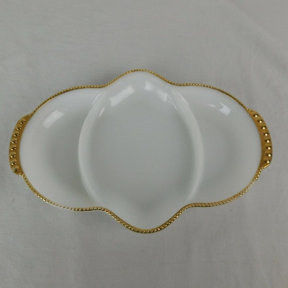 Fire King Milk Glass Relish Dish Tray 3 Section Divided White Gold Trim Vintage